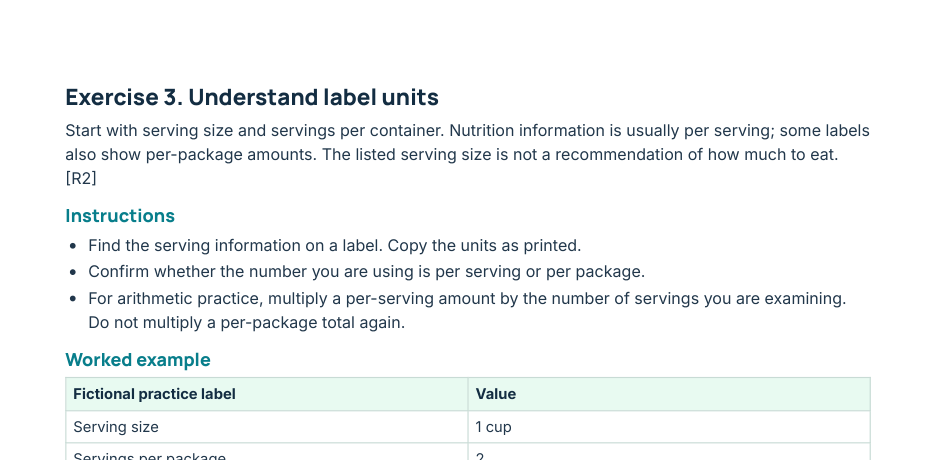 Workbook exercise 3: a fictional practice label showing 18 g times 2 servings equals 36 g
