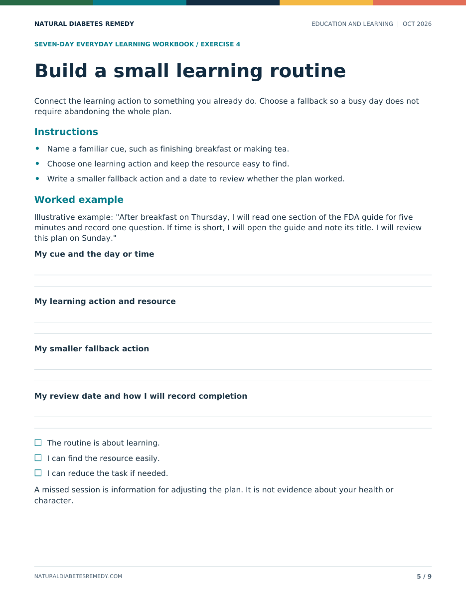Workbook exercise 4, Build a small learning routine: instructions, a worked example and spaces for a cue, a learning action, a fallback and a review date