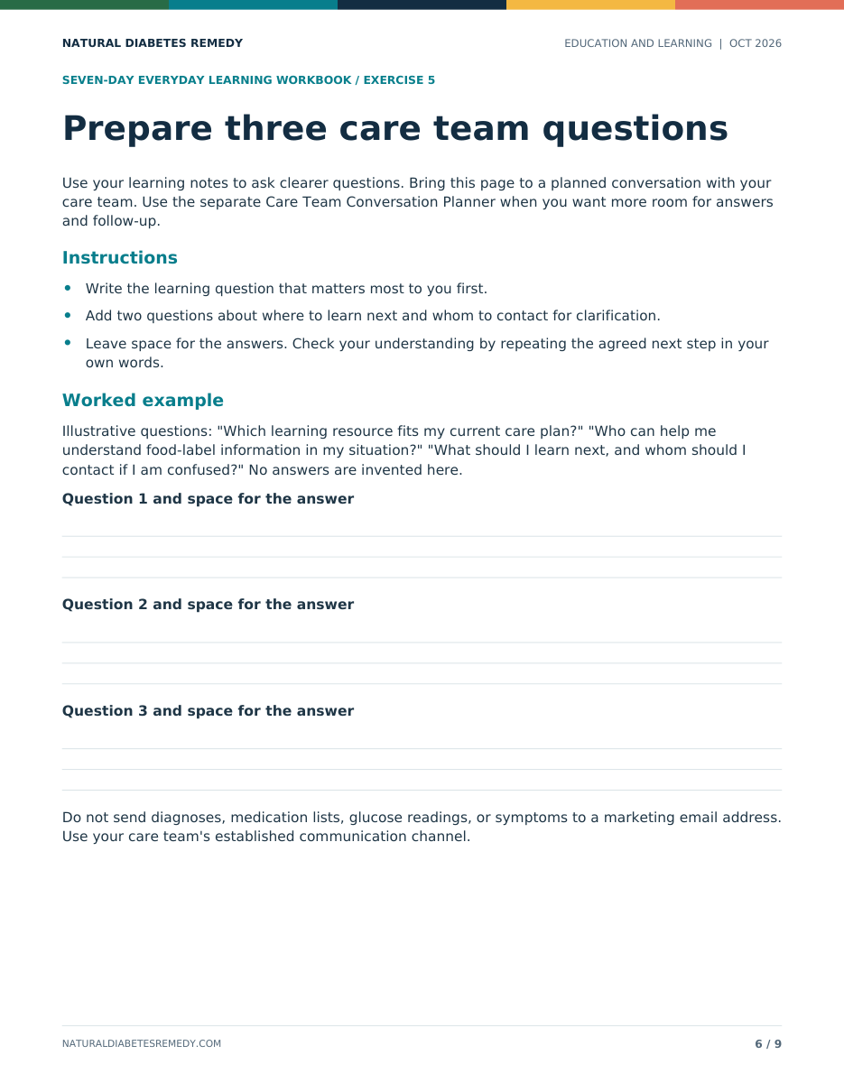 Workbook page 6: exercise 5, prepare three care-team questions