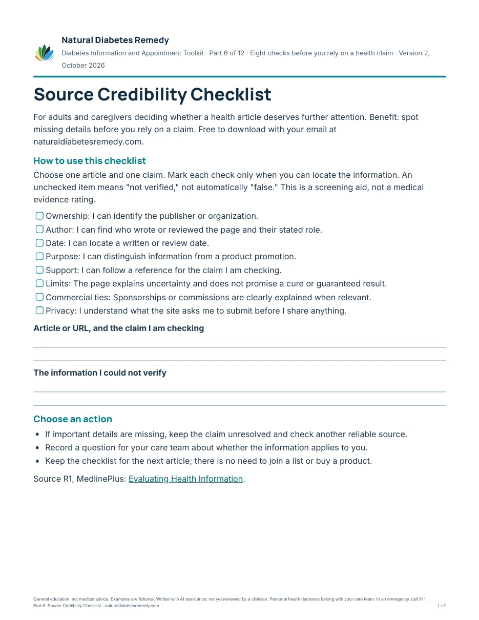 First page of the free Source Credibility Checklist with eight checks, including ownership, author, date, purpose and commercial ties