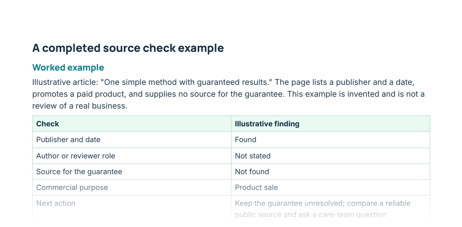 Partial preview of the Source Credibility Checklist: the top of page 2, with the start of the worked example table